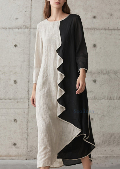 Modernes, farblich abgesetztes, gerüschtes Patchwork-Baumwollkleid für die Feiertage im Frühling