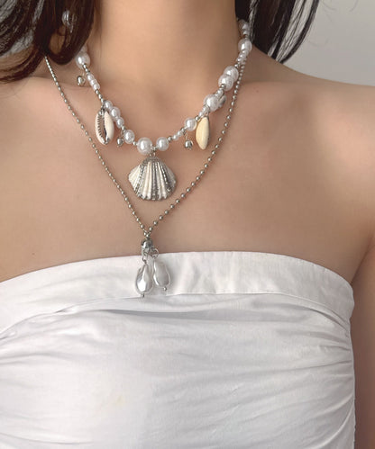 Modern Colorblock Stainless Steel Shell Conch Pearl Double Layer Pendant Necklace