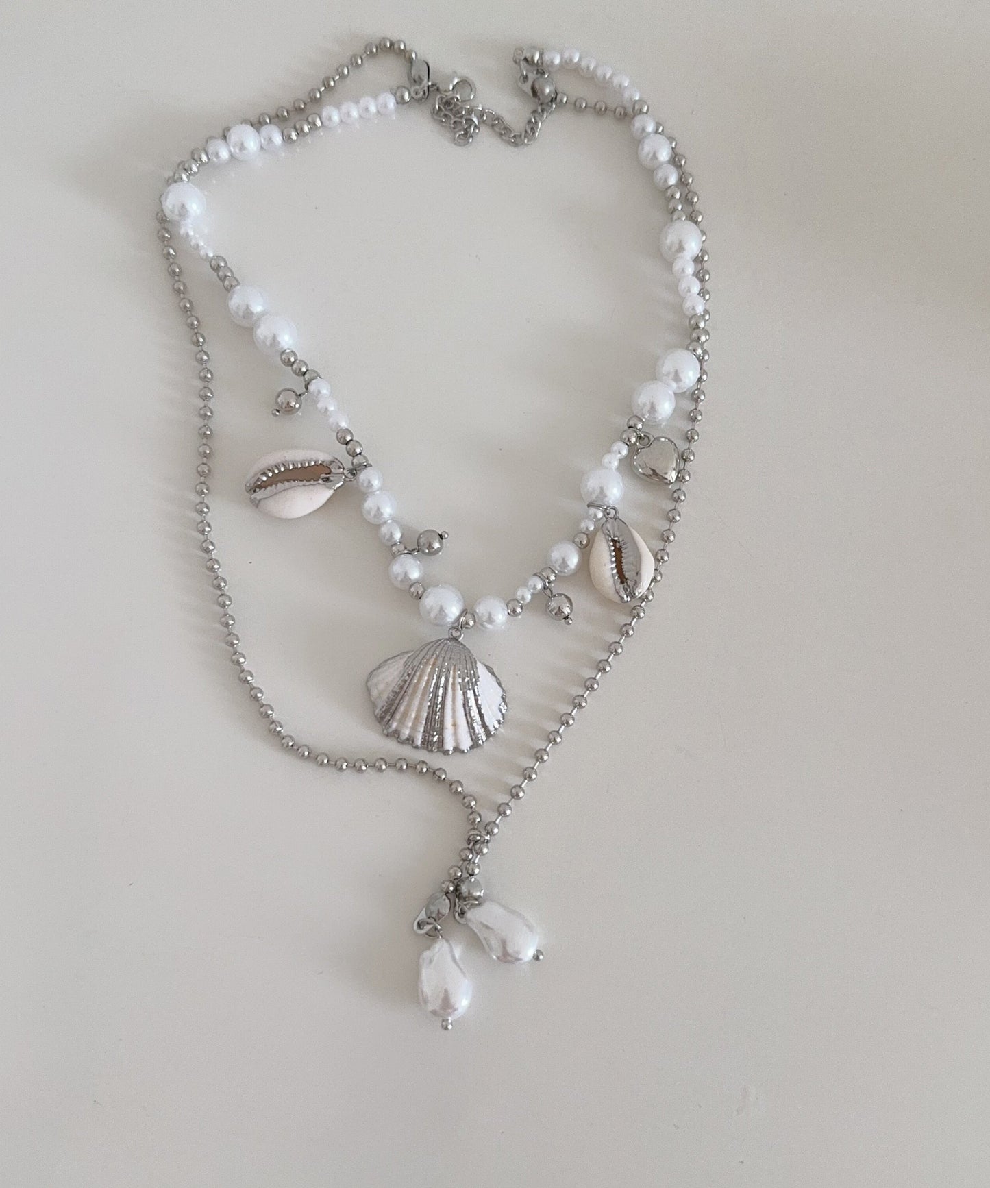 Modern Colorblock Stainless Steel Shell Conch Pearl Double Layer Pendant Necklace