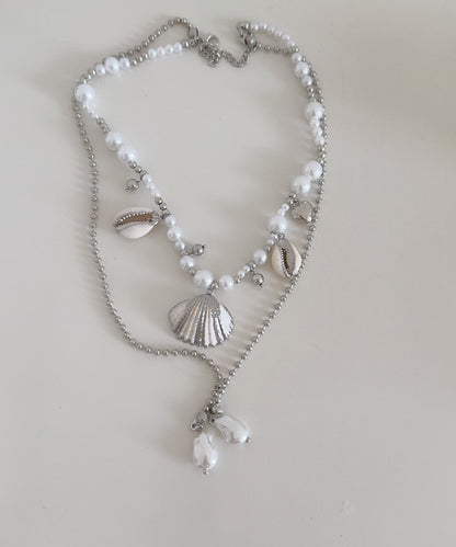 Modern Colorblock Stainless Steel Shell Conch Pearl Double Layer Pendant Necklace