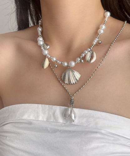 Modern Colorblock Stainless Steel Shell Conch Pearl Double Layer Pendant Necklace