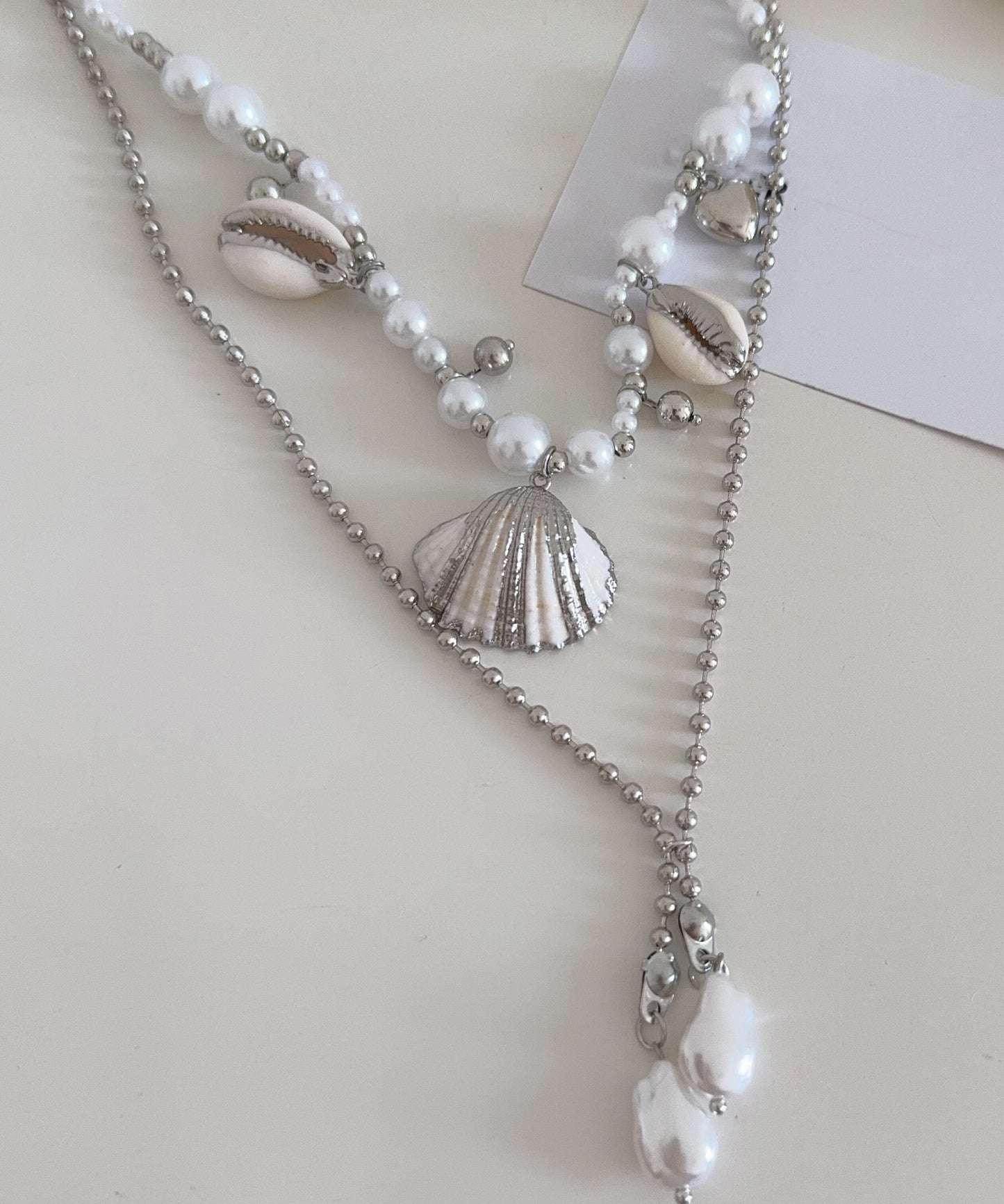 Modern Colorblock Stainless Steel Shell Conch Pearl Double Layer Pendant Necklace