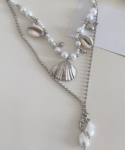 Modern Colorblock Stainless Steel Shell Conch Pearl Double Layer Pendant Necklace