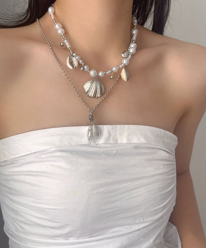 Modern Colorblock Stainless Steel Shell Conch Pearl Double Layer Pendant Necklace