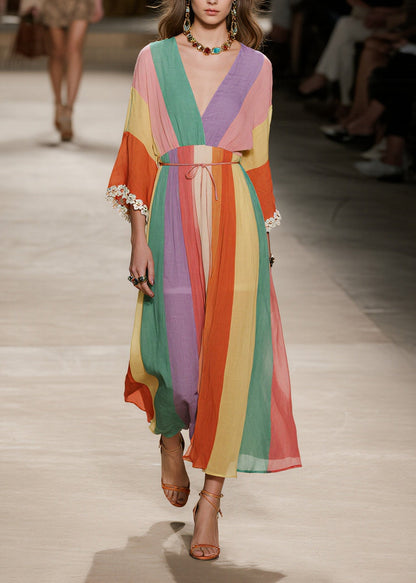 Modern Colorblock V Neck Tie Waist Cotton Long Dress Bracelet Sleeve