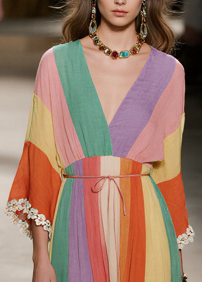 Modern Colorblock V Neck Tie Waist Cotton Long Dress Bracelet Sleeve