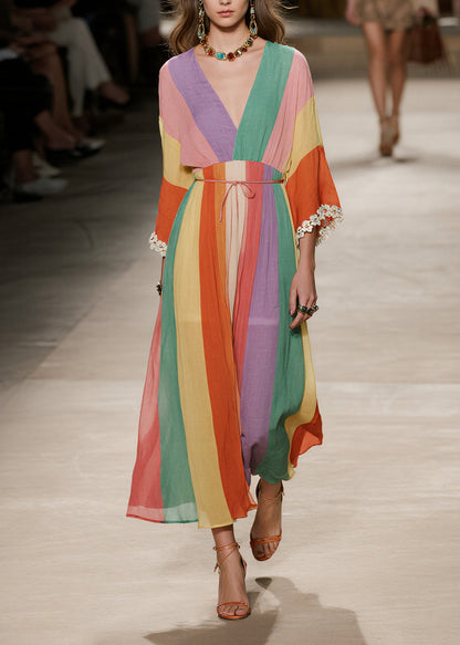 Modern Colorblock V Neck Tie Waist Cotton Long Dress Bracelet Sleeve