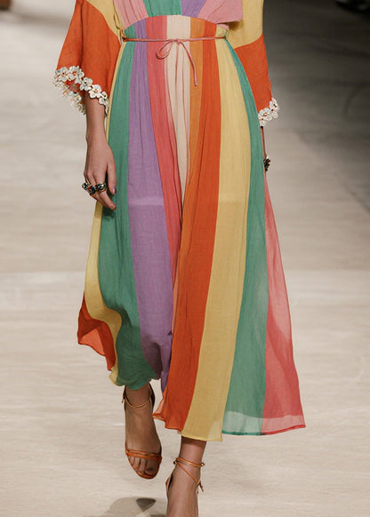 Modern Colorblock V Neck Tie Waist Cotton Long Dress Bracelet Sleeve