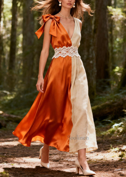 Modern ColorblockC Asymmetrical Patchwork Linen Silk Ankle Dresses Summer