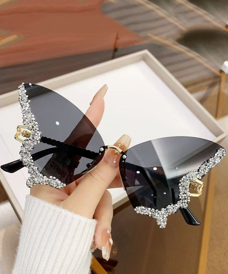 Modern Dark Grey Metal Zircon Butterfly UV Protection Sunglasses