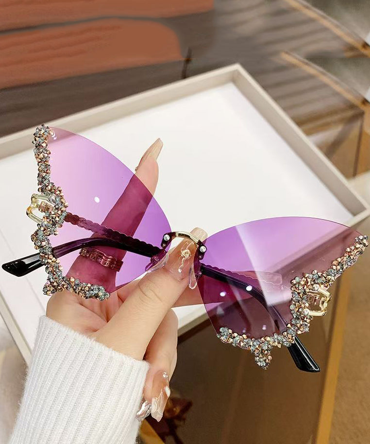 Modern Dark Grey Metal Zircon Butterfly UV Protection Sunglasses