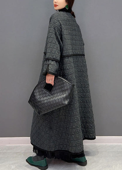 Moderner dunkelgrauer V-Ausschnitt Patchwork Feine Baumwolle gefüllt lockerer Mantel Winter