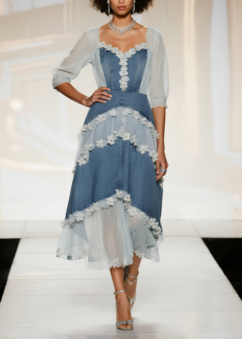 Modern Denim Blue Flower Patchwork Tulle Maxi Dresses Summer