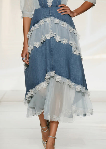 Modern Denim Blue Flower Patchwork Tulle Maxi Dresses Summer