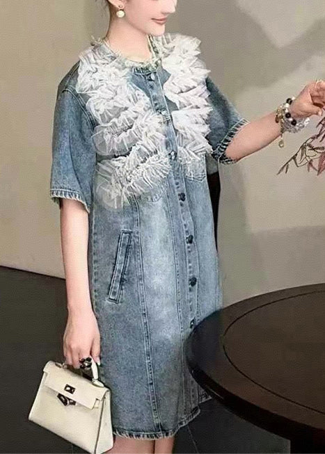 Modern Denim Blue Patchwork Tulle Day Dress Summer