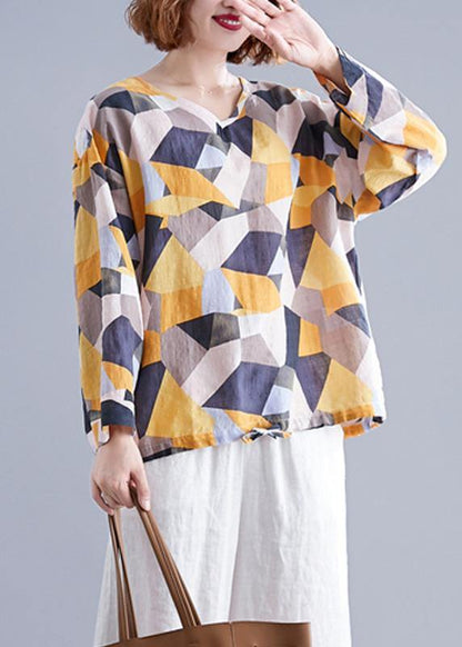 Modern Geometric cotton box top v neck drawstring baggy top - SooLinen