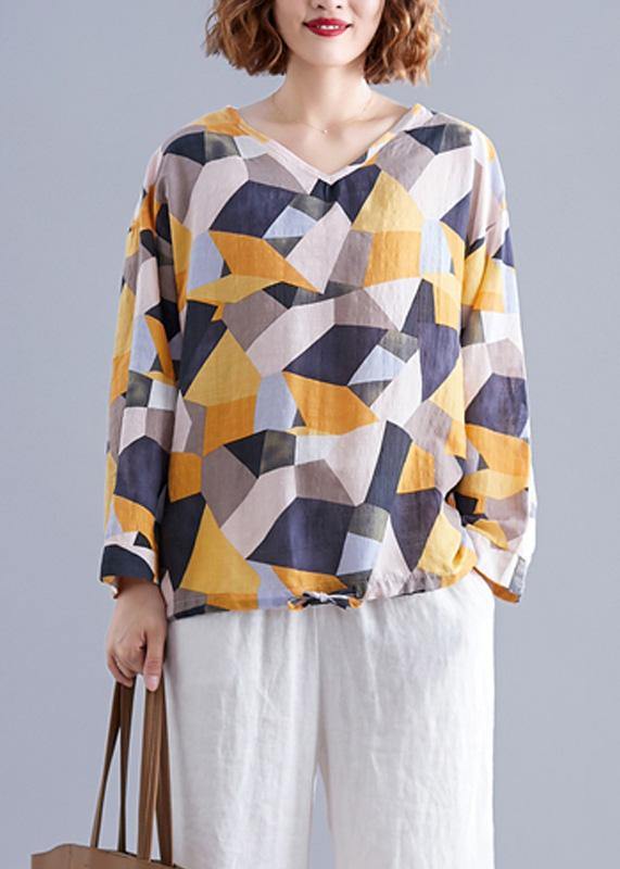 Modern Geometric cotton box top v neck drawstring baggy top - SooLinen