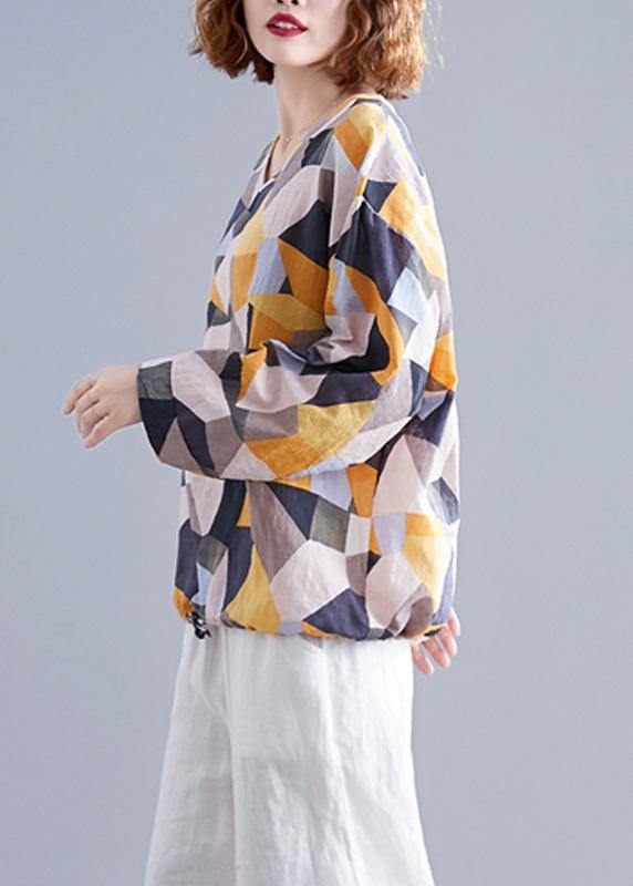 Modern Geometric cotton box top v neck drawstring baggy top - SooLinen
