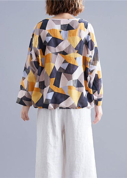 Modern Geometric cotton box top v neck drawstring baggy top - SooLinen