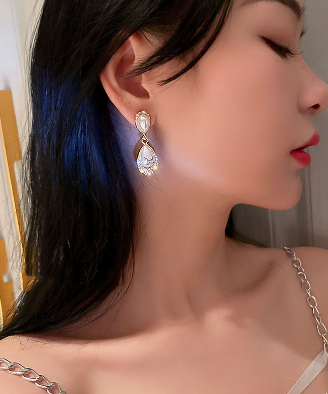 Pendientes modernos de aleación de oro con diseño de circón y perla en forma de gota de agua