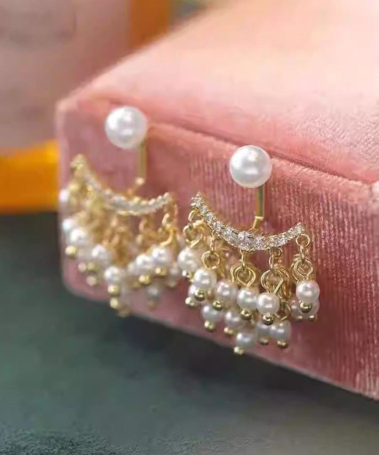 Modern Gold Copper Alloy Zircon Acrylic Pearl Tassel Drop Earrings