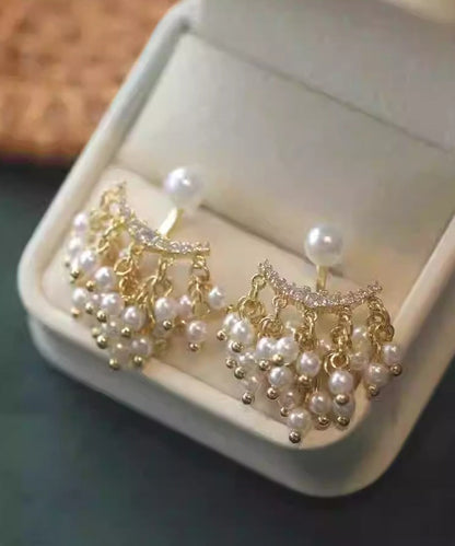 Modern Gold Copper Alloy Zircon Acrylic Pearl Tassel Drop Earrings