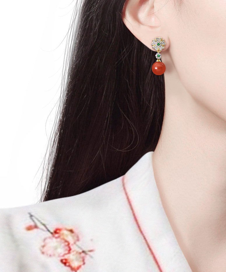 Moderne vergoldete Ohrringe aus Sterlingsilber mit Achat und Zirkonia in Blumenform