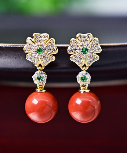 Moderne vergoldete Ohrringe aus Sterlingsilber mit Achat und Zirkonia in Blumenform