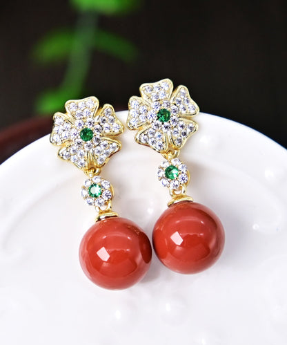 Moderne vergoldete Ohrringe aus Sterlingsilber mit Achat und Zirkonia in Blumenform