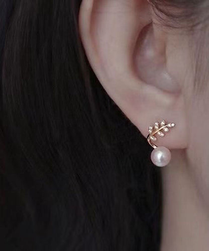 Pendientes modernos de plata de ley dorada con circonitas y perlas