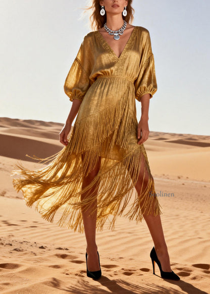 Modern Gold V Neck Tassel Patchwork Cotton Dress Summer