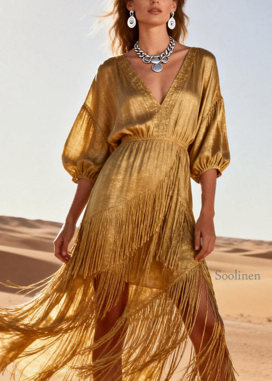 Modern Gold V Neck Tassel Patchwork Cotton Dress Summer