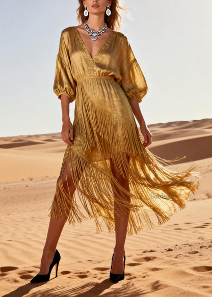 Modern Gold V Neck Tassel Patchwork Cotton Dress Summer