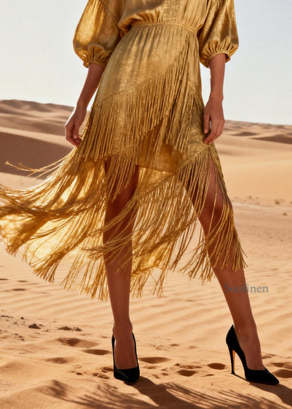 Modern Gold V Neck Tassel Patchwork Cotton Dress Summer