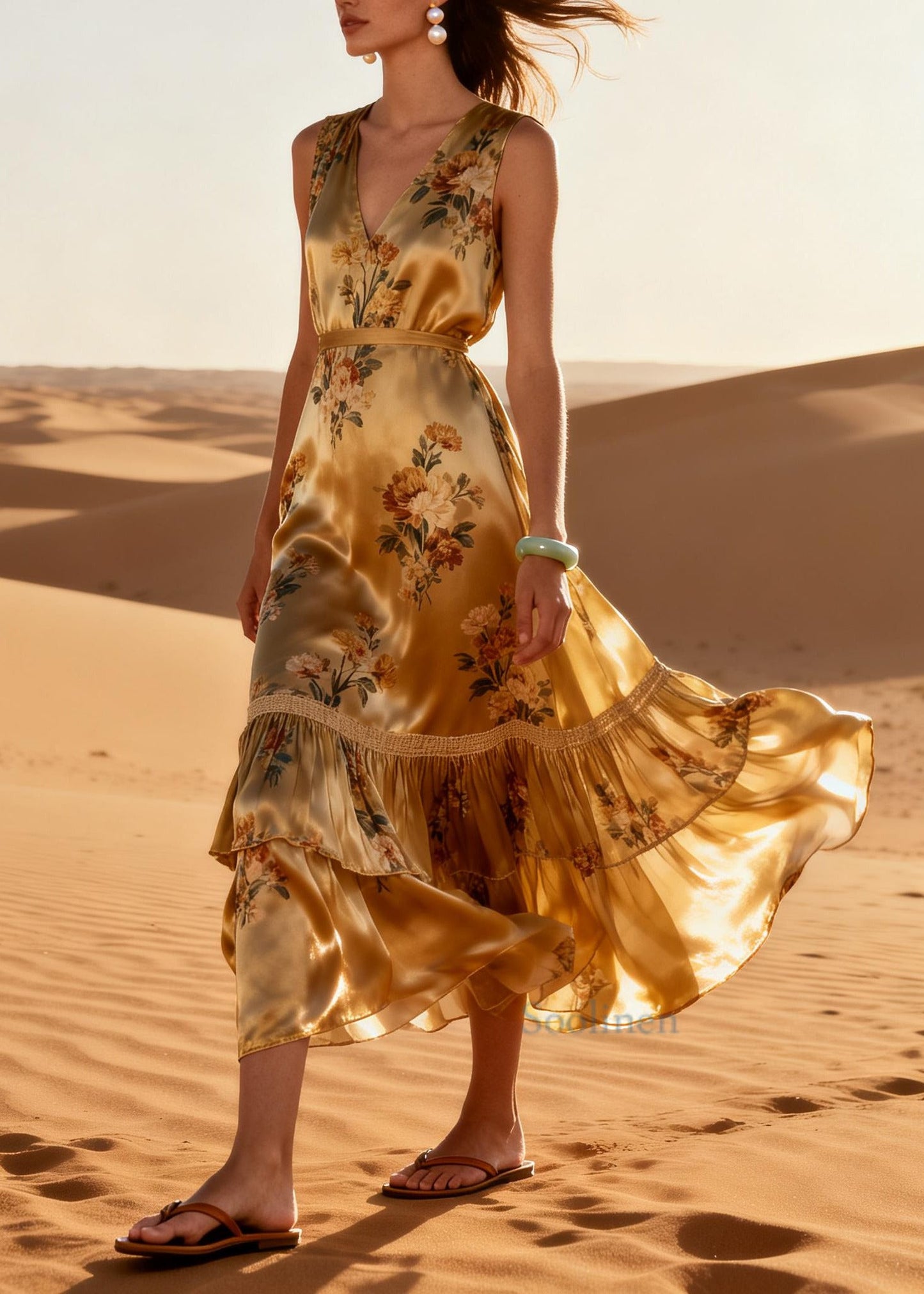 Modern Golden Print Exra Large Hem Silk Holiday Dress Summer
