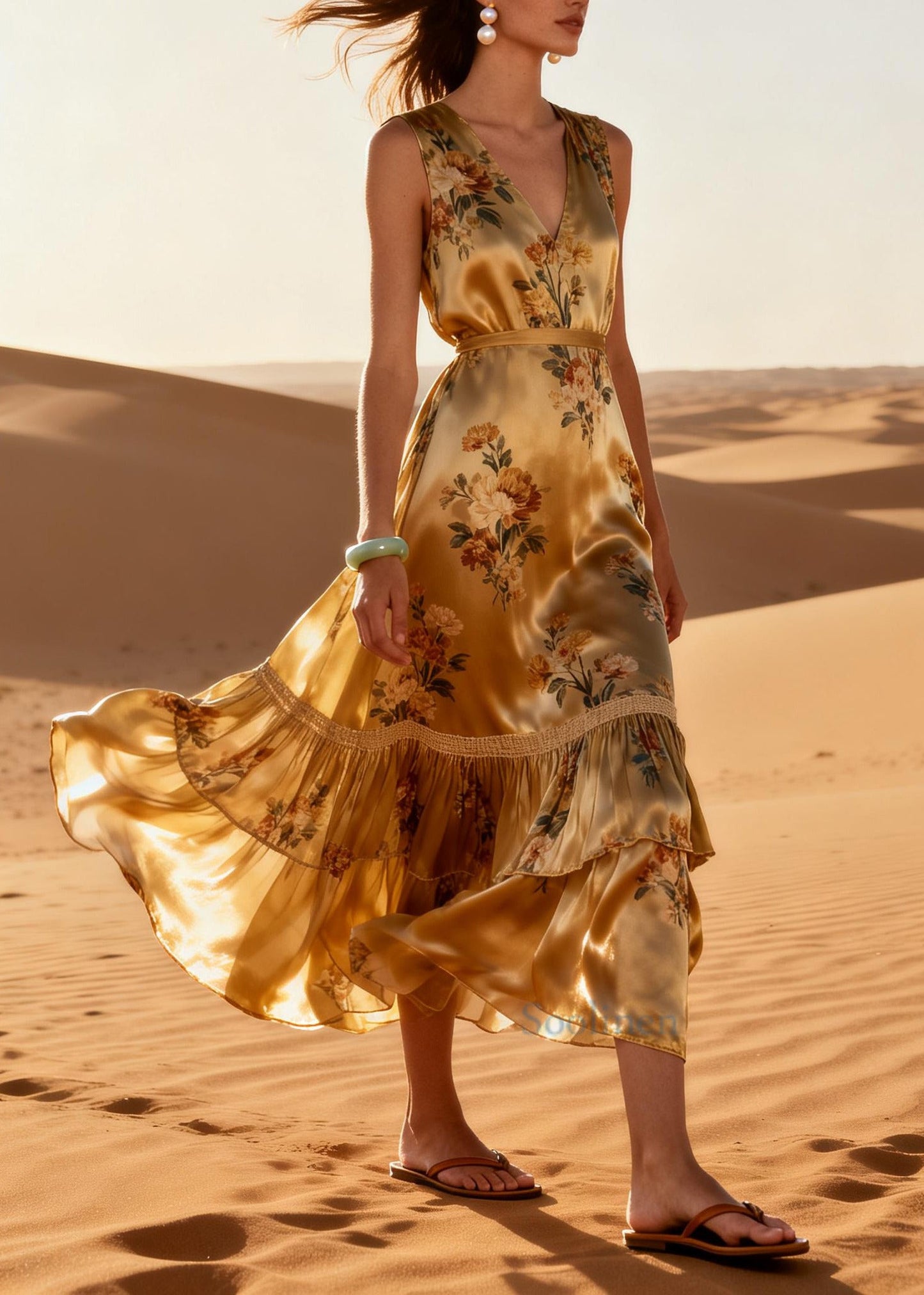 Modern Golden Print Exra Large Hem Silk Holiday Dress Summer