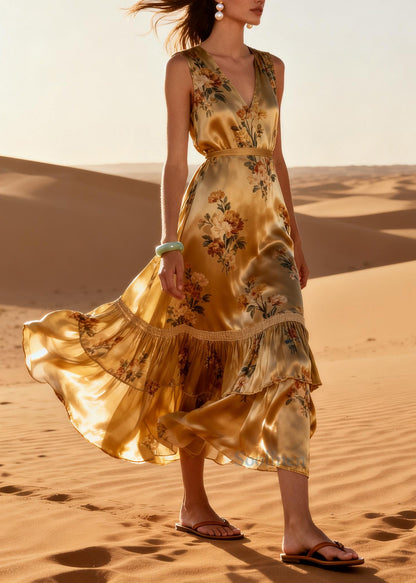 Modern Golden Print Exra Large Hem Silk Holiday Dress Summer
