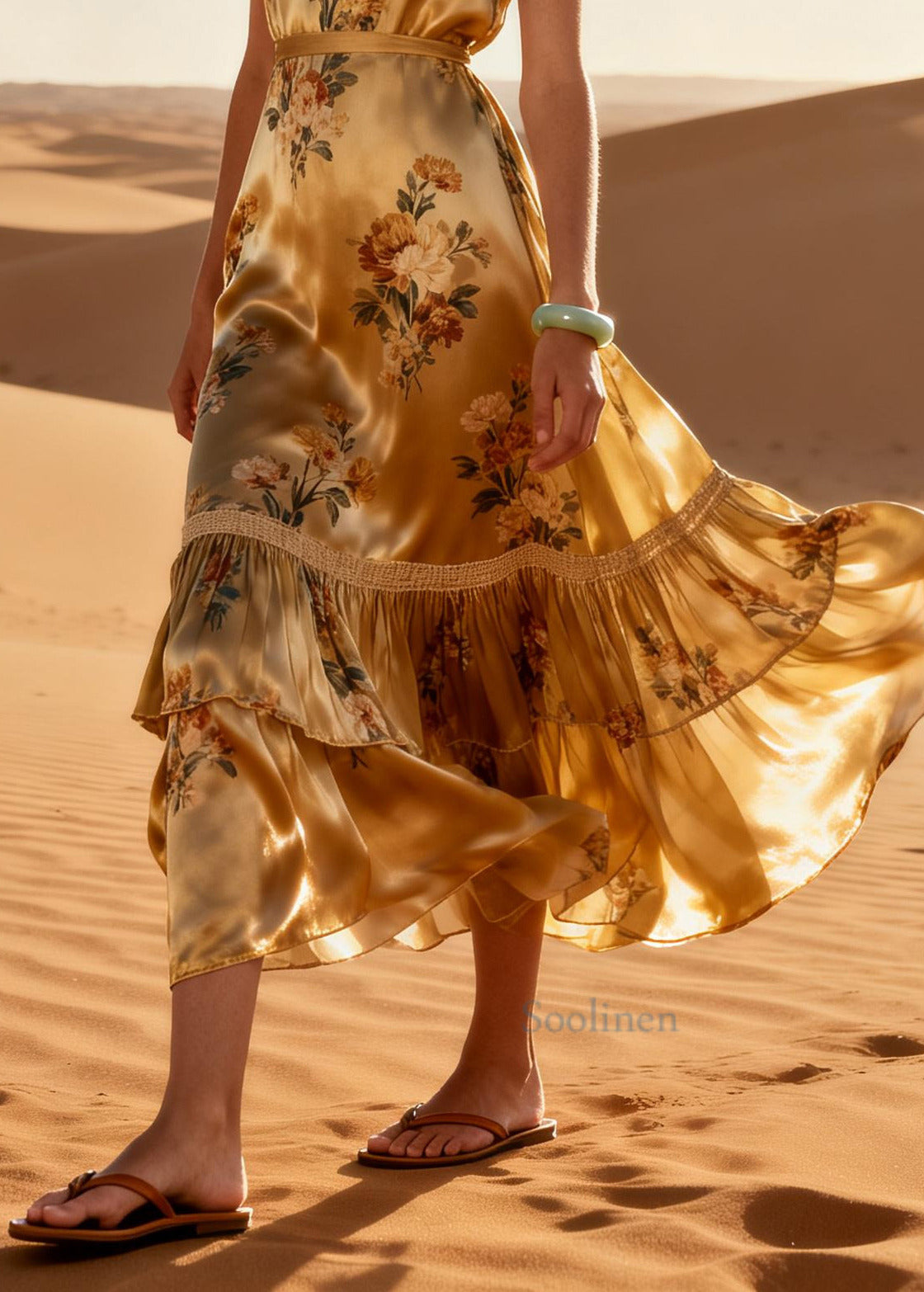 Modern Golden Print Exra Large Hem Silk Holiday Dress Summer
