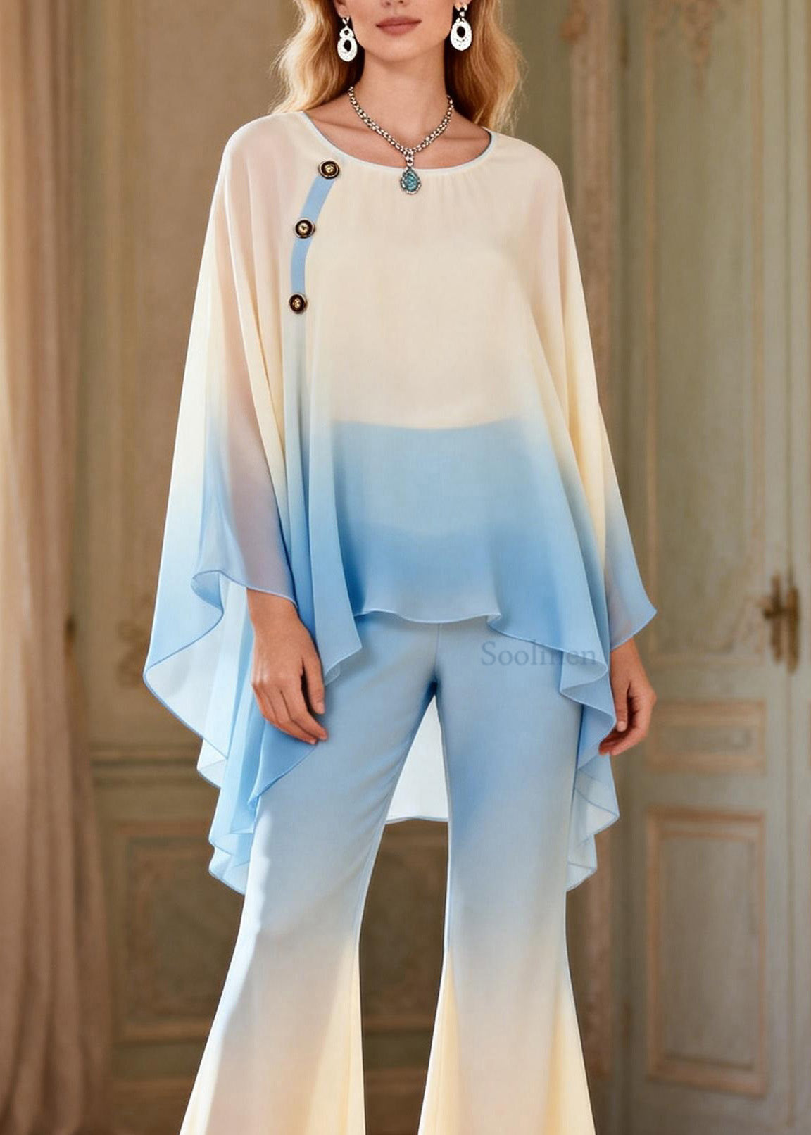 Modern Gradient Color O Neck Silk 2 Piece Outfit Spring
