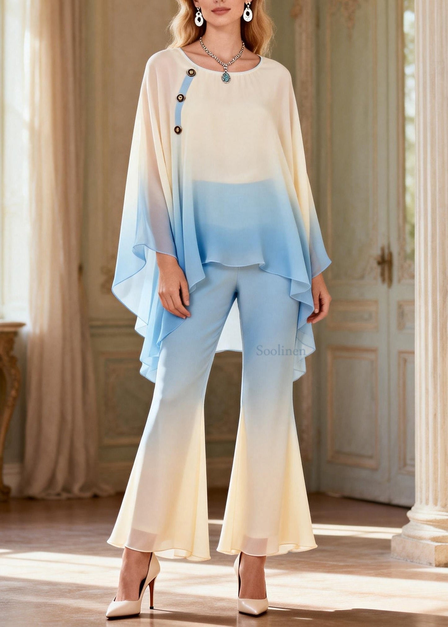 Modern Gradient Color O Neck Silk 2 Piece Outfit Spring