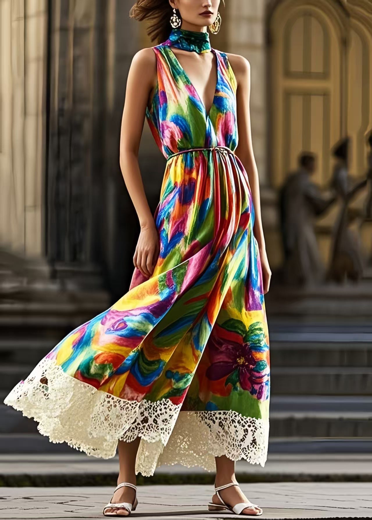 Modern Graffiti Exra Patchwork Lace Large Hem Cami Dresses Summer