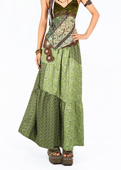 Modern Green Asymmetrical Print High Waist Maxi Skirt