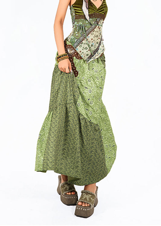 Modern Green Asymmetrical Print High Waist Maxi Skirt