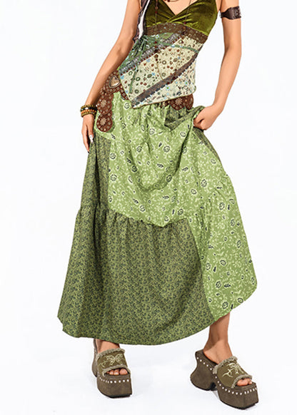 Modern Green Asymmetrical Print High Waist Maxi Skirt