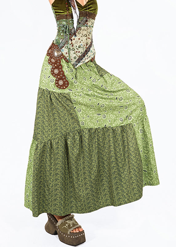 Modern Green Asymmetrical Print High Waist Maxi Skirt