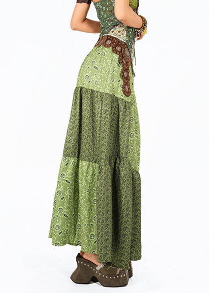 Modern Green Asymmetrical Print High Waist Maxi Skirt