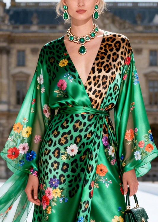 Modern Green Asymmetrical Print Silk Tunic Dress Summer
