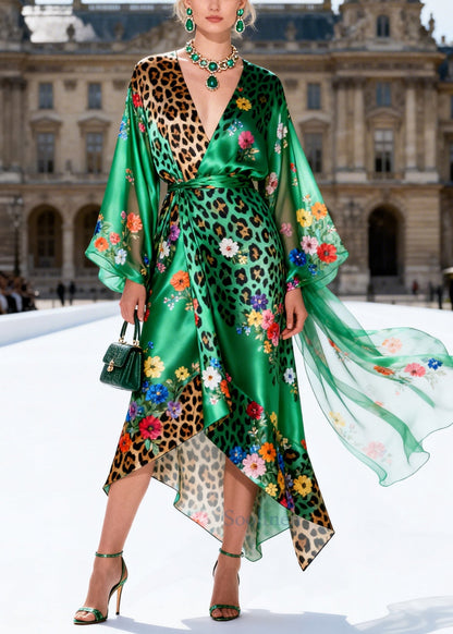 Modern Green Asymmetrical Print Silk Tunic Dress Summer