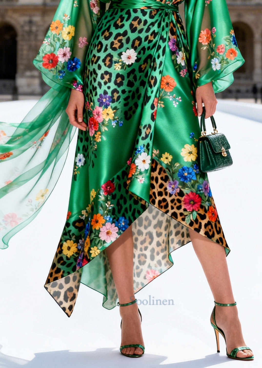 Modern Green Asymmetrical Print Silk Tunic Dress Summer