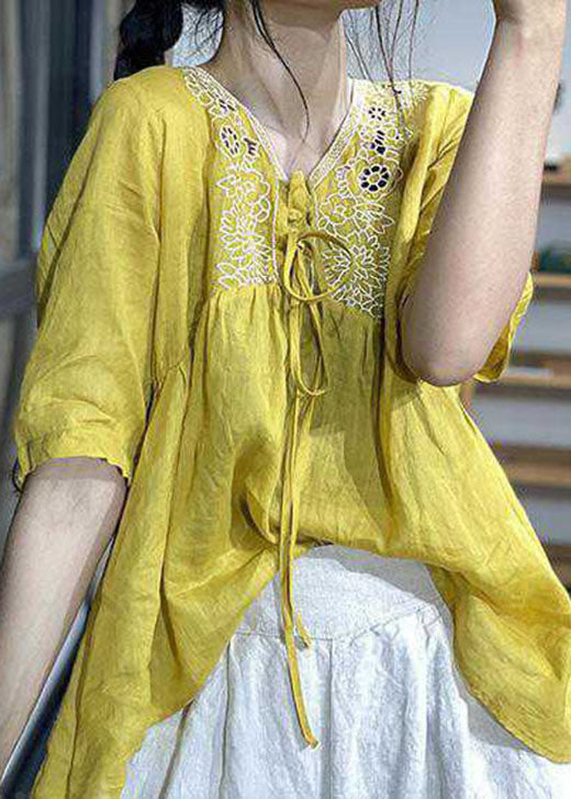 Moderne grüne Cinched Hollow Out Leinenhemden Halbarm